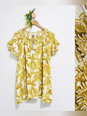 Rose & Olive NWT 100% Rayon Mustard Yellow Floral Boho Blouse Plus Size